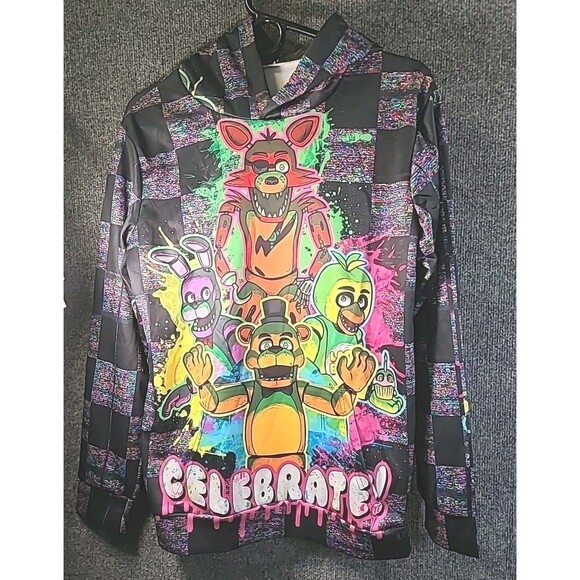 Five Nights At Freddys Game Over Mens Black Graphic Logo Hoodie Pullover AOP - Picture 1 of 9